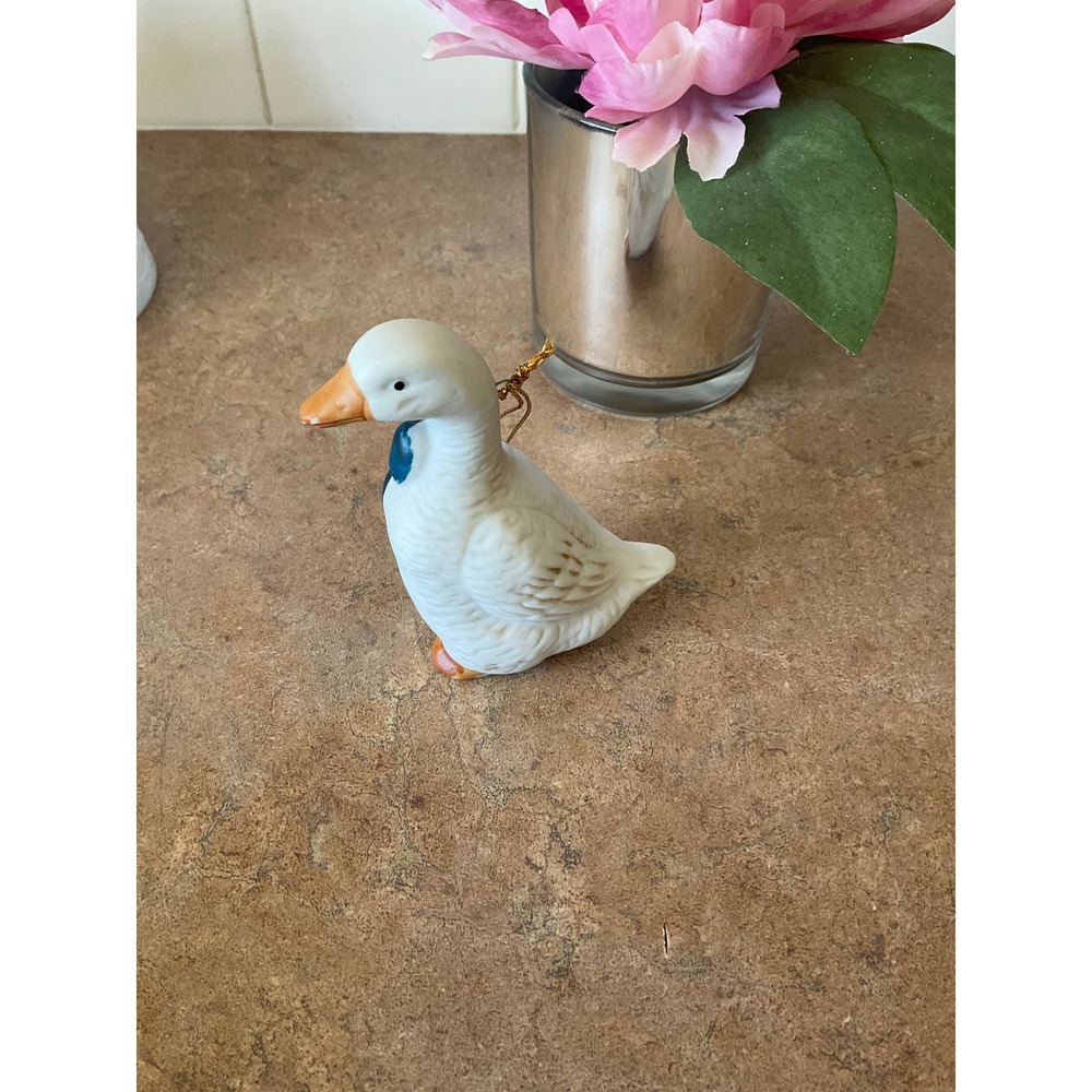 Vintage Ceramic Goose Ornament with Blue Bow White Farmhouse Figurine Taiwan